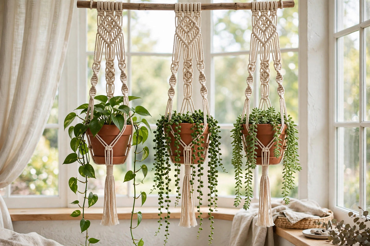 Cotton rope plant hangers holding terracotta pots in a bright sunroom