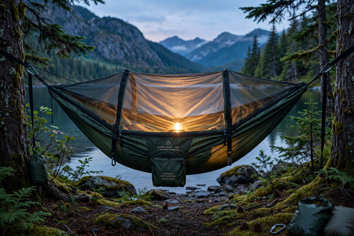 Pro camping hammock with built-in bug net at a lakeside campsite at dusk
