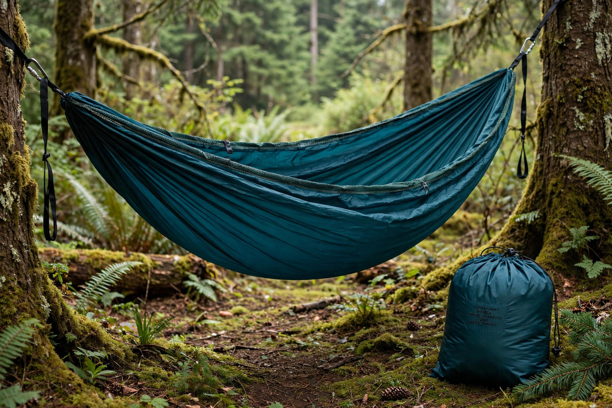 Ultralight double travel hammock in teal nylon hanging at a forest campsite