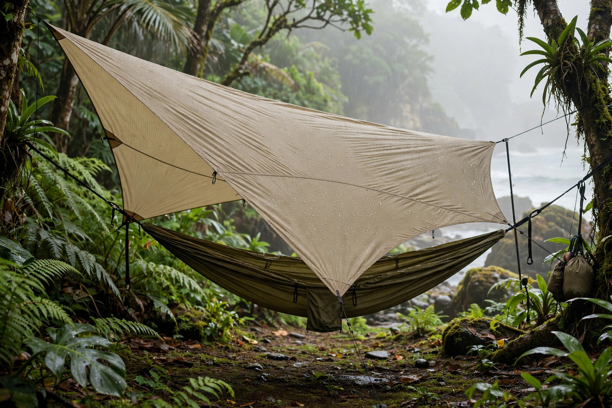 Ultralight rain tarp in sand ripstop pitched over a hammock in jungle greenery